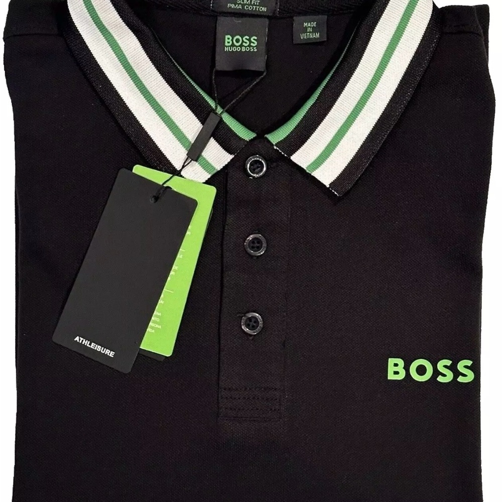 NWT HUGO BOSS POLO SHIRT XL SLIM FIT 3 BUTTON PIMA COTTON BLACK GREEN